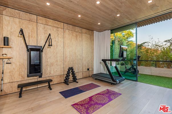 Fitness Equipment, Interior, Recessed Lighting, Wooden Ceilings, Wood Texture Flooring, Wooden Walls