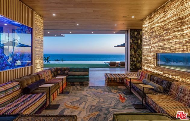 Interior, Living room, Recessed Lighting, Stone Walls, Water, Wooden Ceilings