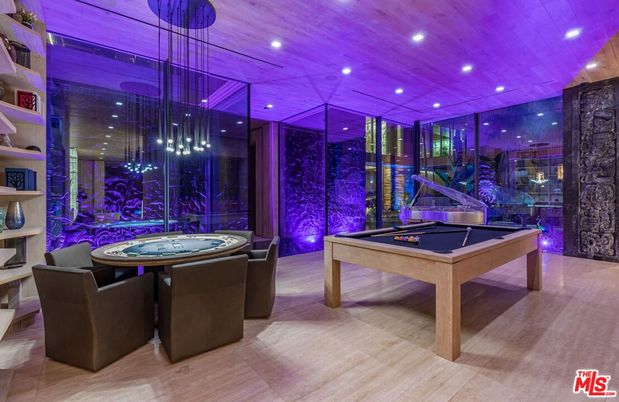 Billiard Table, Game Room, Interior, Pendant Lights, Recessed Lighting, Wood Texture Flooring