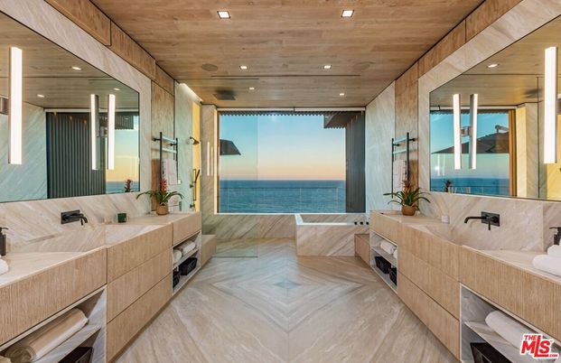 Bathroom, Dual Sink Vanities, Interior, Recessed Lighting, Water, Wooden Ceilings