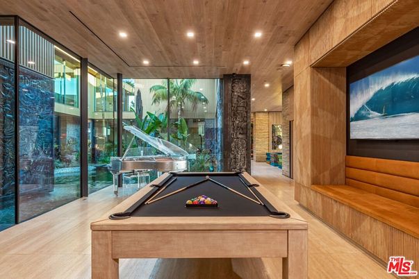 Billiard Table, Game Room, Interior, Piano, Recessed Lighting, Wooden Ceilings, Wood Texture Flooring, Wooden Walls
