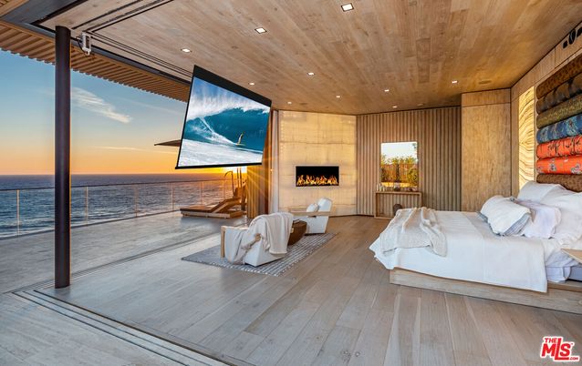 Bedroom, Fireplace, Interior, Recessed Lighting, Water, Wooden Ceilings, Wood Texture Flooring, Wooden Walls