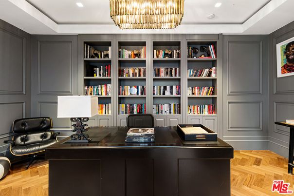 Chandelier, Home Office, Interior, Recessed Lighting, Wood Texture Flooring