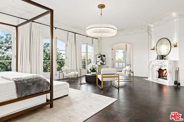 Bedroom, Chandelier, Fireplace, Interior, Living room, Recessed Lighting, Wood Texture Flooring