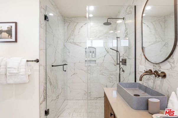 Bathroom, Glass Shower, Interior, Marble Walls, Recessed Lighting