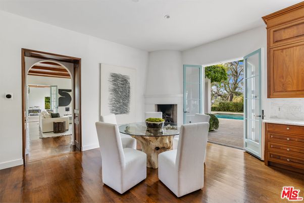 Dining room, Fireplace, Interior, Living room, Recessed Lighting, Wood Texture Flooring