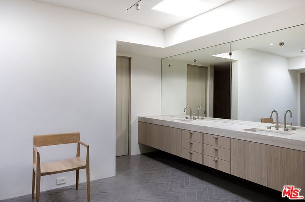 Bathroom, Dual Sink Vanities, Interior, Recessed Lighting, Wood Texture Flooring