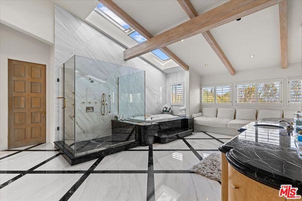 Bathroom, Glass Shower, Interior, Marble, Marble Walls, Recessed Lighting, Wooden Beams