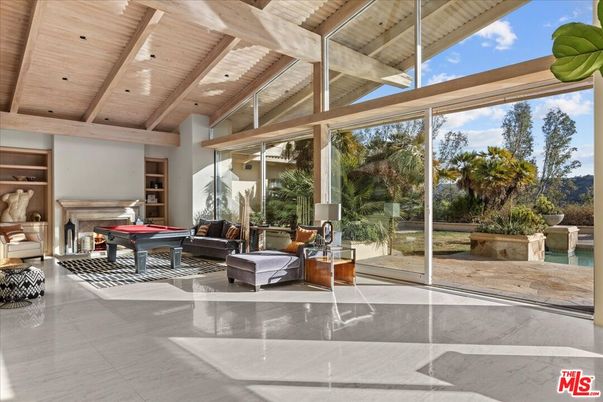 Billiard Table, Fireplace, Game Room, Interior, Living room, Recessed Lighting, Wooden Beams, Wooden Ceilings