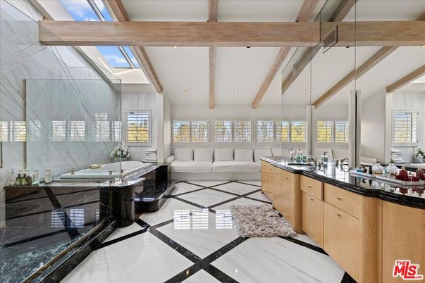 Bathroom, Dual Sink Vanities, Glass Shower, Interior, Recessed Lighting, Wooden Beams