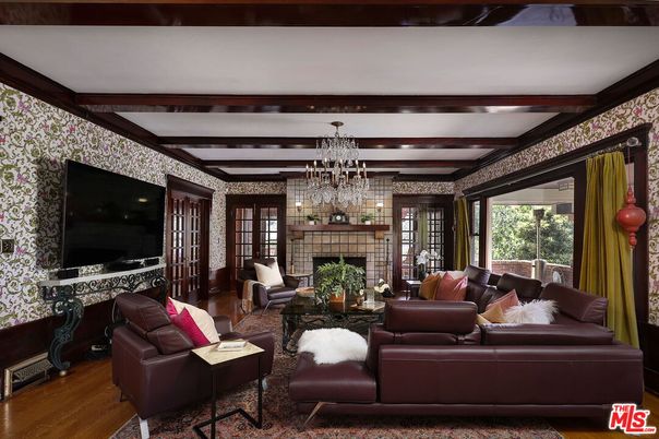 Chandelier, Fireplace, Interior, Living room, Wooden Beams, Wood Texture Flooring
