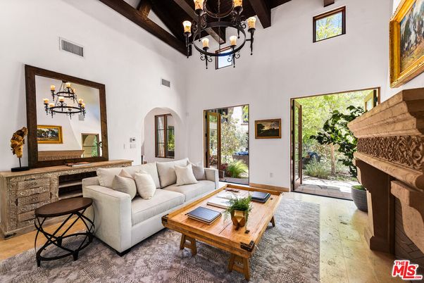 Chandelier, Fireplace, Interior, Living room, Wooden Beams