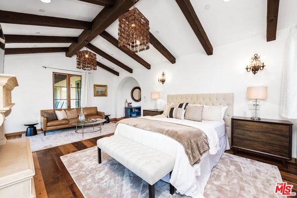 Bedroom, Chandelier, Interior, Recessed Lighting, Wooden Beams, Wood Texture Flooring