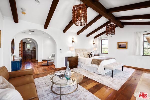 Bedroom, Chandelier, Interior, Living room, Recessed Lighting, Wooden Beams, Wood Texture Flooring