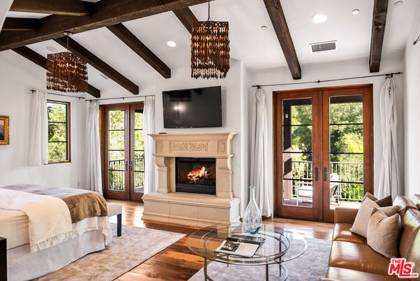 Bedroom, Chandelier, Fireplace, Interior, Recessed Lighting, Wooden Beams, Wood Texture Flooring