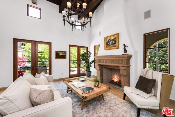 Chandelier, Fireplace, Interior, Living room, Wooden Beams, Wood Texture Flooring