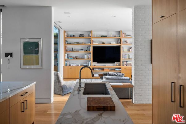 Interior, Kitchen, Recessed Lighting, Stone Walls, Wood Texture Flooring