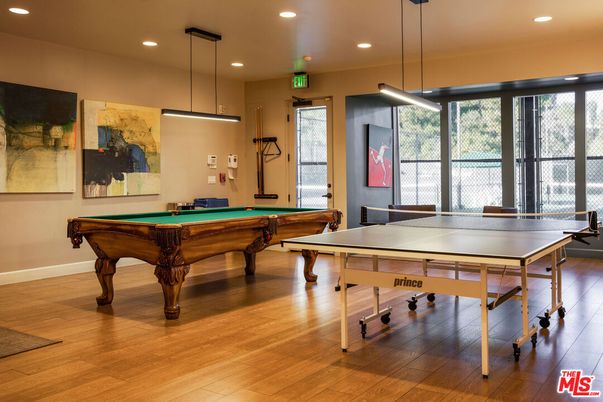 Billiard Table, Game Room, Interior, Pendant Lights, Recessed Lighting, Wood Texture Flooring