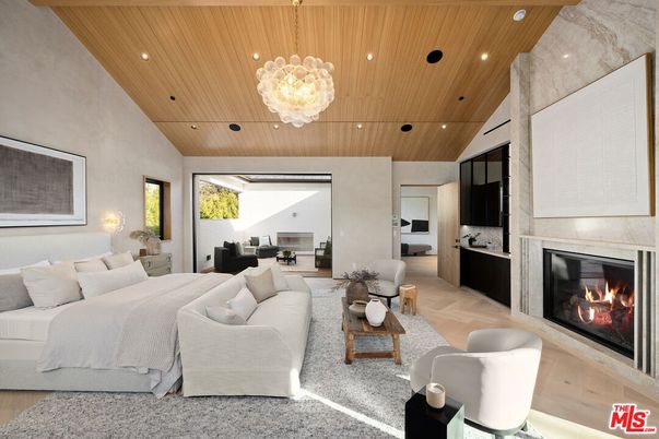 Bedroom, Fireplace, Interior, Living room, Pendant Lights, Recessed Lighting, Wooden Ceilings, Wood Texture Flooring