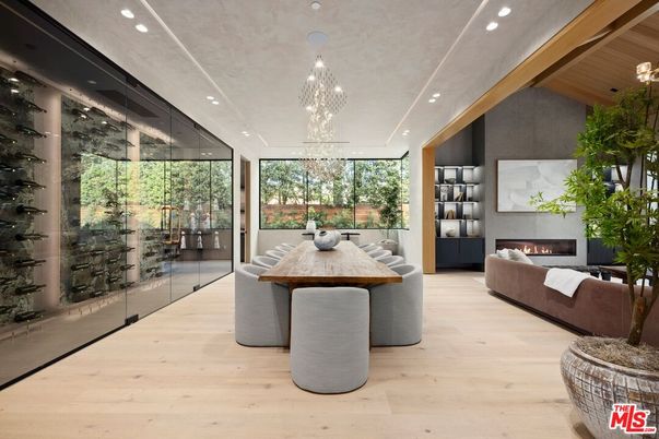 Chandelier, Dining room, Fireplace, Interior, Living room, Recessed Lighting, Wooden Ceilings, Wood Texture Flooring