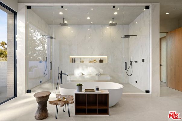 Bathroom, Free Standing Baths, Glass Shower, Interior, Marble Walls, Recessed Lighting
