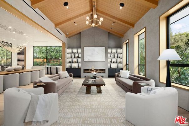 Fireplace, Interior, Living room, Pendant Lights, Recessed Lighting, Wooden Beams, Wooden Ceilings