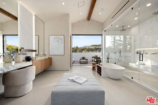Bathroom, Dual Sink Vanities, Free Standing Baths, Glass Shower, Interior, Recessed Lighting, Wooden Beams