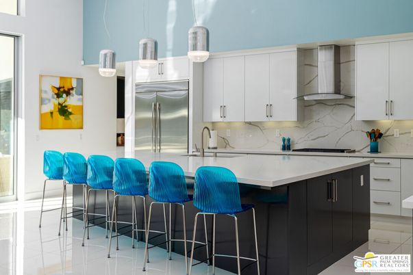 Interior, Kitchen, Marble Walls, Pendant Lights, Stainless Steel Appliances