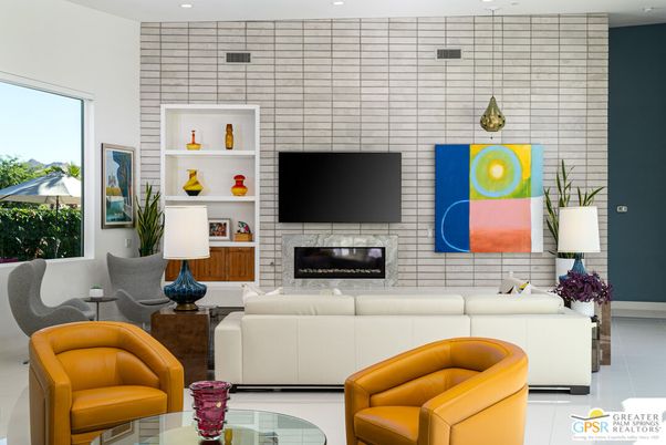 Fireplace, Interior, Living room, Recessed Lighting, Stone Walls