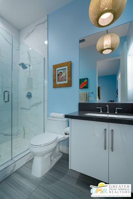 Bathroom, Glass Shower, Interior, Marble Walls, Pendant Lights, Wood Texture Flooring