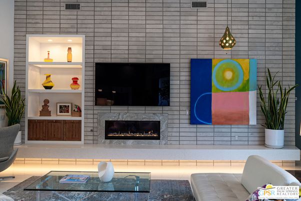 Fireplace, Interior, Living room, Pendant Lights, Stone Walls
