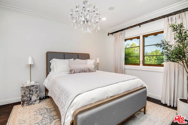Bedroom, Chandelier, Interior, Recessed Lighting, Wood Texture Flooring