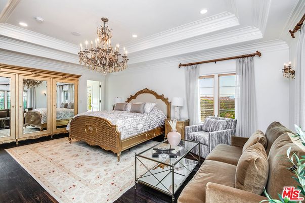 Bedroom, Chandelier, Interior, Recessed Lighting, Wood Texture Flooring