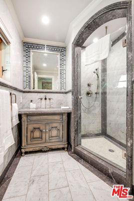 Bathroom, Glass Shower, Interior, Marble, Marble Walls, Recessed Lighting