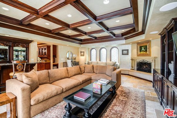 Fireplace, Interior, Living room, Recessed Lighting, Wooden Beams