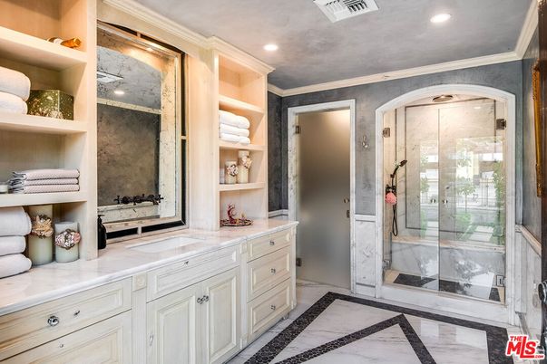 Bathroom, Dual Sink Vanities, Glass Shower, Interior, Marble, Recessed Lighting