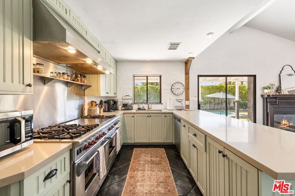 Fireplace, Interior, Kitchen, Recessed Lighting, Stainless Steel Appliances