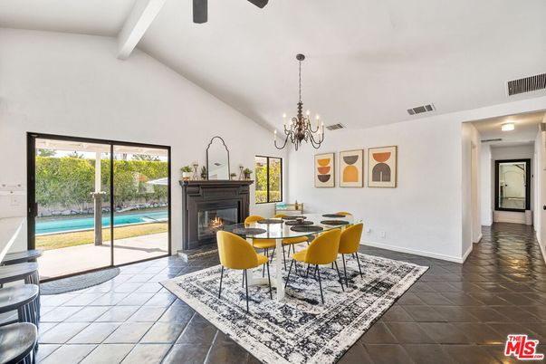 Chandelier, Dining room, Fireplace, Interior
