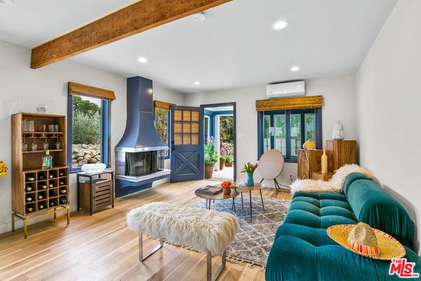 Fireplace, Interior, Living room, Recessed Lighting, Wooden Beams, Wood Texture Flooring