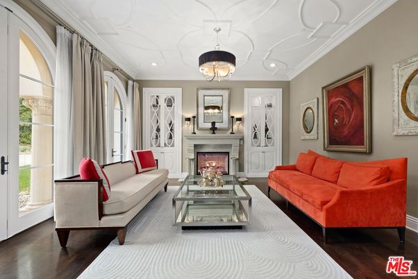Chandelier, Fireplace, Interior, Living room, Recessed Lighting, Wood Texture Flooring