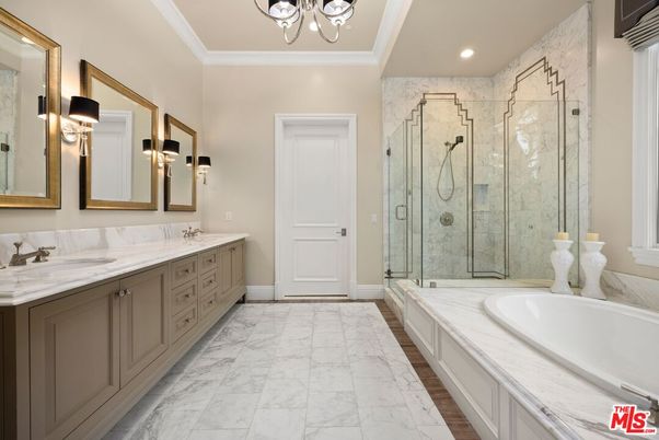 Bathroom, Dual Sink Vanities, Glass Shower, Interior, Marble, Marble Walls, Recessed Lighting