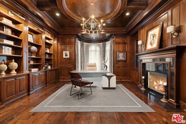 Chandelier, Fireplace, Home Office, Interior, Recessed Lighting, Wooden Beams, Wooden Ceilings, Wood Texture Flooring, Wooden Walls