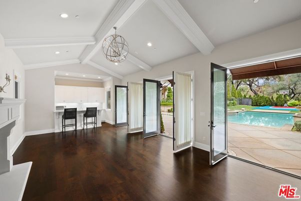 Chandelier, Interior, Kitchen, Pool, Recessed Lighting, Wood Texture Flooring