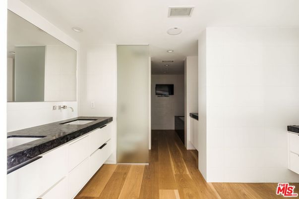 Bathroom, Dual Sink Vanities, Interior, Recessed Lighting, Wood Texture Flooring