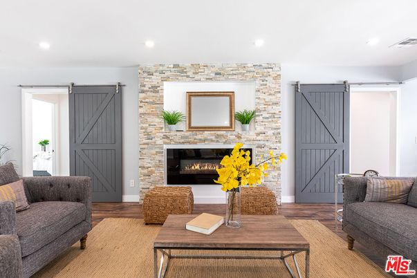 Fireplace, Interior, Recessed Lighting, Stone Walls, Wood Texture Flooring