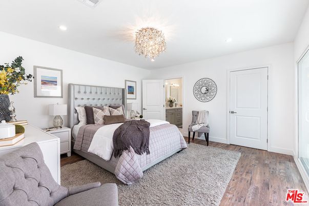 Bedroom, Chandelier, Interior, Recessed Lighting, Wood Texture Flooring