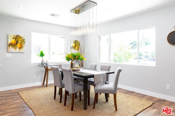 Dining room, Interior, Pendant Lights, Recessed Lighting, Wood Texture Flooring