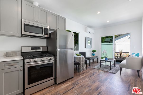 Interior, Kitchen, Living room, Recessed Lighting, Stainless Steel Appliances, Wood Texture Flooring