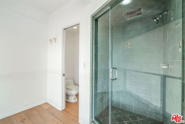 Bathroom, Glass Shower, Interior, Recessed Lighting, Wood Texture Flooring