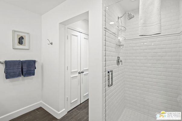 Bathroom, Glass Shower, Interior, Recessed Lighting, Wood Texture Flooring